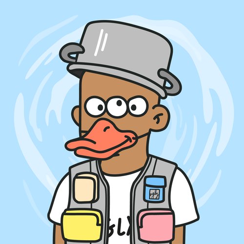 A cartoon illustration shows a brown-skinned character wearing a gray pot on their head, with a duck bill and a vest with colorful pockets, set against a blue swirling background.