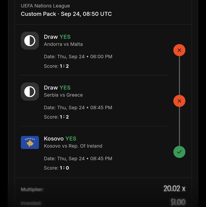 A mobile app screenshot showing a UEFA Nations League custom pack with three sports betting results for Andorra vs Malta, Serbia vs Greece, and Kosovo vs Rep. Of Ireland, marked with red Xs and a green checkmark.