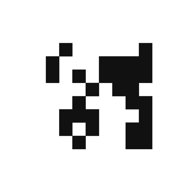 Black and white pixel art image forming an abstract symmetrical pattern, possibly a stylized animal or symbol.