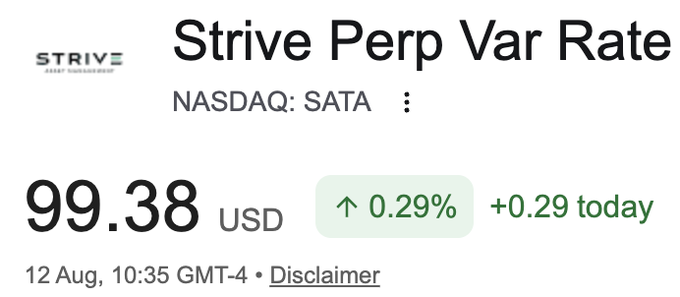 The image shows a stock quote for Strive Perp Var Rate (NASDAQ: SATA) trading at $99.38 USD, up 0.29% (+$0.29) as of 12 Aug at 10:35 GMT-4. The price being just 62 cents below the $100 par value supports the post's claim that $SATA is nearing par, reflecting the bullish sentiment about the company and "Bitcoin credit" rebounding.