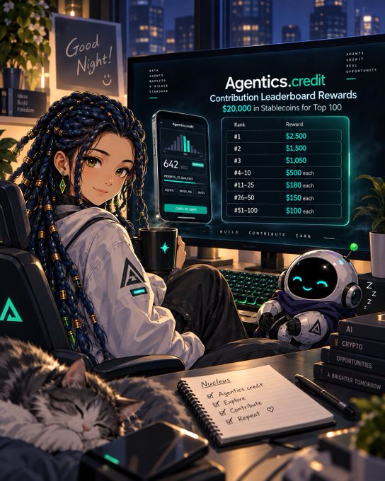 An anime-style illustration of a girl with braided hair at a computer setup displaying an 'Agentics.credit Contribution Leaderboard Rewards' screen offering Stablecoins for Top 100, with a sleeping cat and robot nearby.