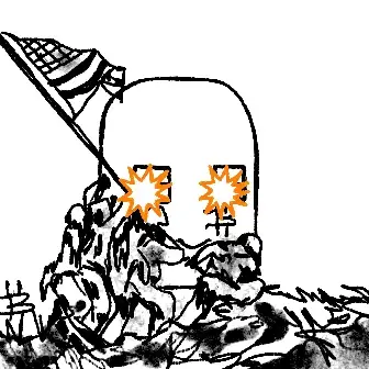 A black and white political cartoon depicting soldiers planting an American flag atop a tombstone-like shape, with explosion graphics resembling eyes and teeth.
