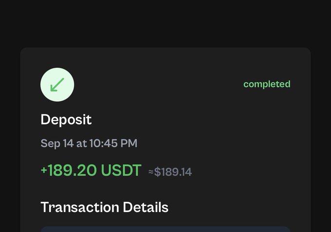 A completed deposit transaction showing +189.20 USDT (≈$189.14) dated Sep 14 at 10:45 PM, with a green checkmark icon and 'Transaction Details' section below.