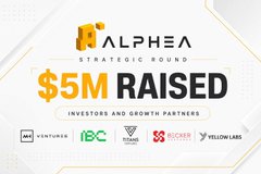 A graphic announcing that the Alphea Strategic Round has raised $5M from investors and growth partners, featuring logos for AWS, Ventures, IBC, Y Combinator, SCB 10X, and YellowLabs.