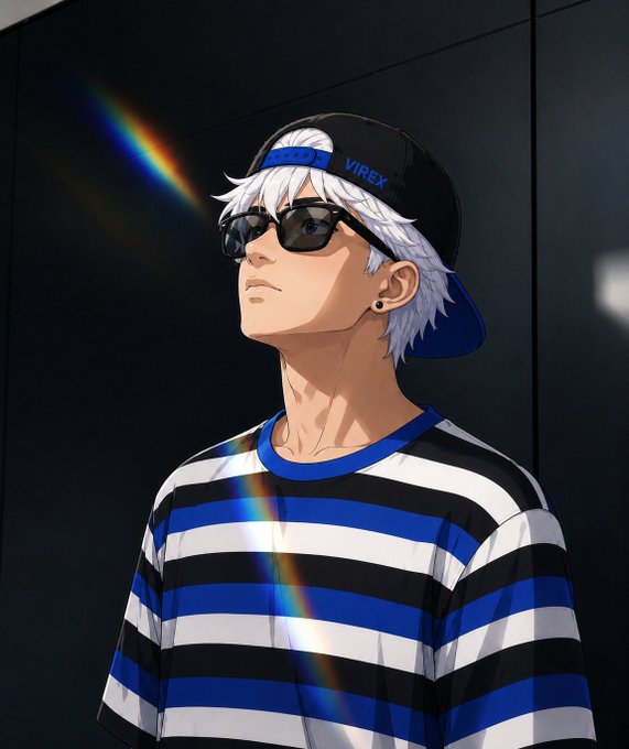 An anime-style illustration of a young man with white/silver hair wearing a backwards 'VIREX' cap, sunglasses, and a blue and white striped shirt, with rainbow light streaks in the background.