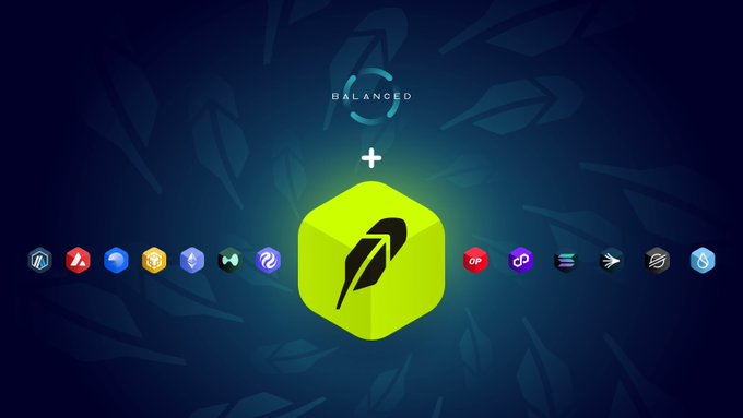 A 'BALANCED' graphic featuring a yellow-green hexagonal logo with a feather design, surrounded by various blockchain network icons.