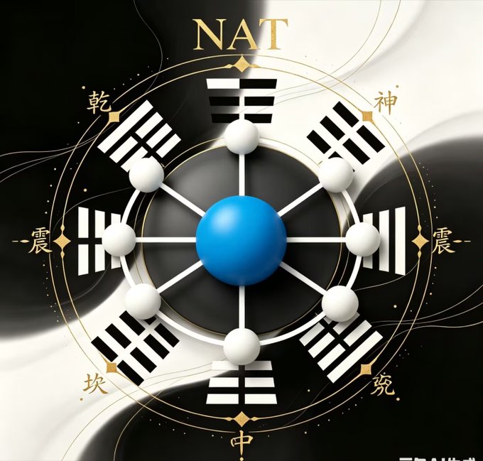 A mystical black and white diagram featuring a blue sphere at the center of a wheel with trigrams and Chinese characters (乾, 震, 坤, 神), labeled 'NAT' at the top.