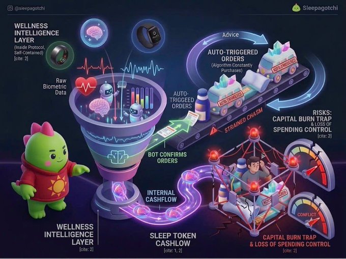 A diagram illustrating the 'Wellness Intelligence Layer' and 'Sleep Token Cashflow' system by @sleepagotchi, showing auto-triggered orders from biometric data and risks of capital burn traps.