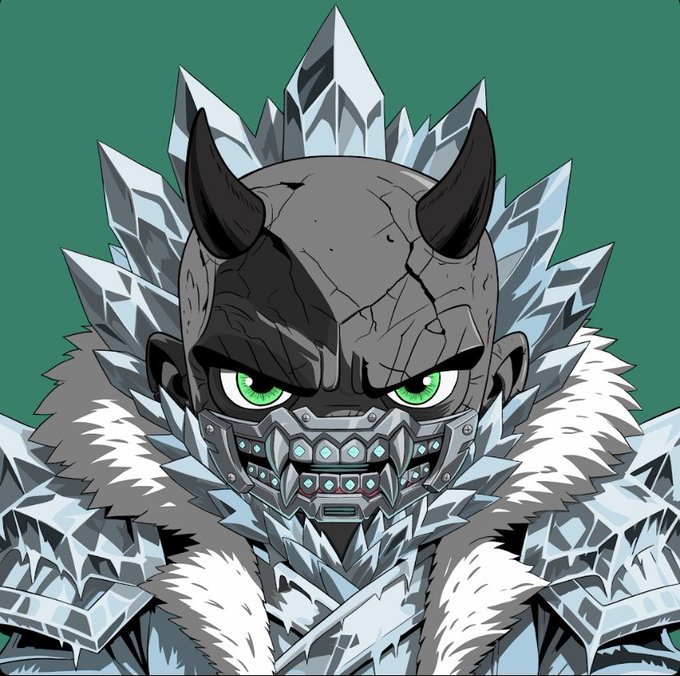 An illustrated character wearing a dark horned helmet, a face mask with a grinning metallic jaw, and icy spiked armor against a green background.