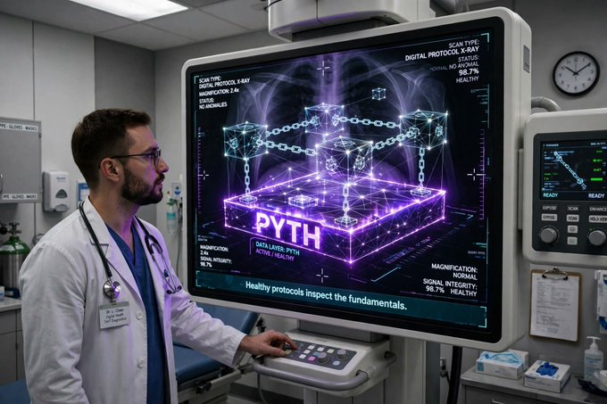 A doctor in a lab coat examining a digital medical display showing a 'PYTH' health scan interface with a chest X-ray overlay.