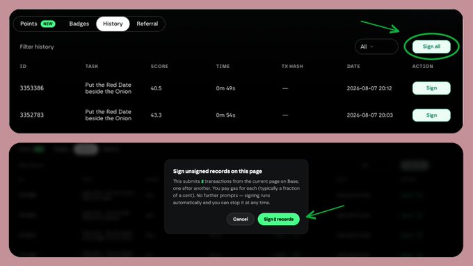 A Points page showing a History tab with a Filter history dropdown, a task to 'Put the Red Date beside the Onion', scores, times, and dates, with green arrows pointing to a 'Sign all' button and a confirmation dialog to 'Sign 2 records'.