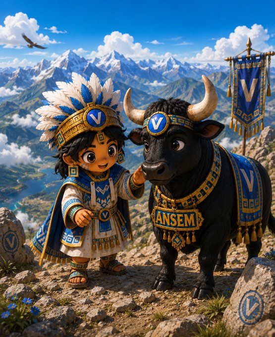 An animated child in tribal regalia stands beside a black bull adorned with "V" and "ANSEM" insignias, with a matching "V" banner overhead against a mountainous backdrop. The imagery symbolizes strength, heritage, and building a lasting legacy—mirroring the post's message of moving beyond hype to forge enduring value through $ANSEM's community and VIAINTI's open-source vision.