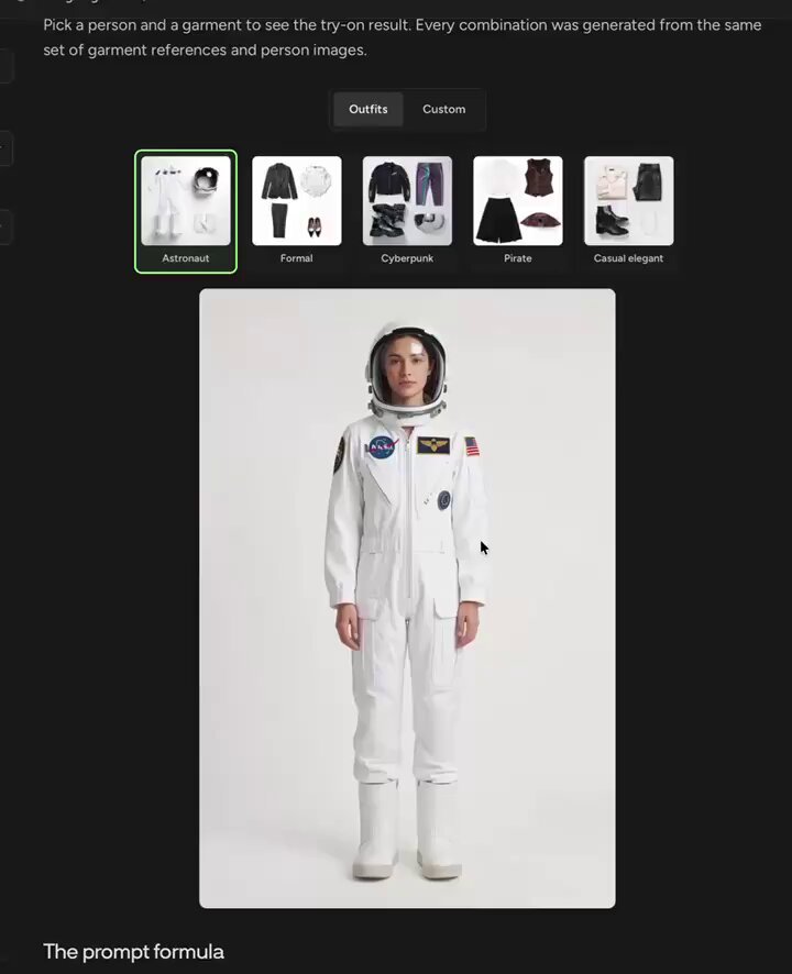 The image features a fashion shopping app with a photo of a person wearing astronaut suit clothes that was taken using the Promot form. The app uses this photo along with garment images and descriptions to create a virtually try-on experience, allowing users to see and purchase clothing without physically trying on items. This feature is beneficial for both consumers and retailers as it reduces time spent in stores and provides access to a wider range of styles and fits from various manufacturers across different price points.