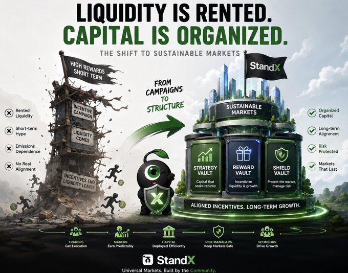 A promotional graphic for **StandX** featuring the bold headline "LIQUIDITY IS RENTED. CAPITAL IS ORGANIZED." It contrasts a crumbling, chaotic tower representing traditional "Rented Liquidity" and "Incentive Campaigns" (marked with red X's for issues like short-term hype and emissions dependence) with a fortified, sustainable "StandX" structure on the right, showcasing organized capital solutions including "Strategy Vault," "Reward Vault," and "Shield Vault," with a green arrow indicating the shift "From Campaigns to Structure."

The image visually reinforces the post's argument that judging a perpetuals DEX solely by orderbook depth is misleading—true market quality depends on underlying structural design, not just superficial (or rented) liquidity.