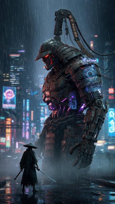 A massive samurai-like mechanical giant towers over a lone samurai figure with a katana in a rainy cyberpunk cityscape illuminated by neon signs.