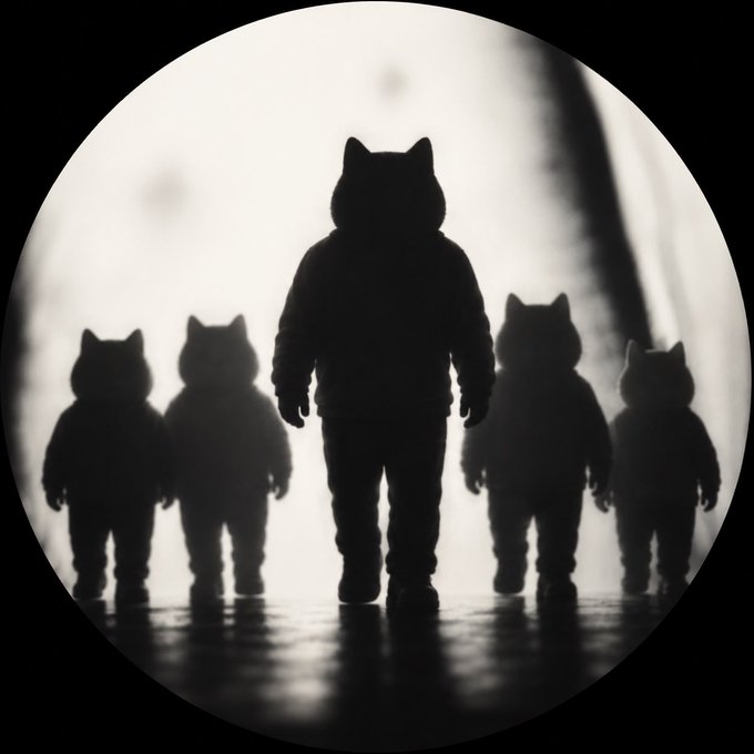 The image shows silhouettes of five cat-hooded figures, with one standing prominently in the center and four smaller ones arranged around it, all set against a bright circular backdrop. The shadowy, anonymous figures align with the post's theme of organic, community-driven growth and behind-the-scenes building, suggesting the dedicated (but largely unseen) members of the $Ket community working together under the leadership of @ketCTO2.