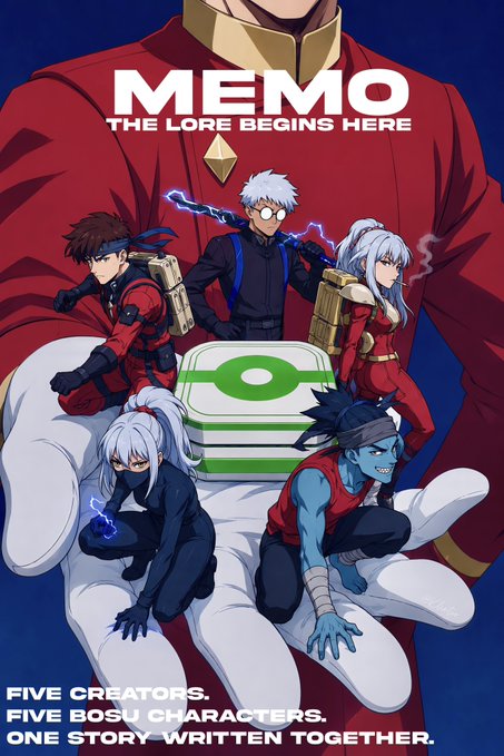 A promotional poster for 'MEMO: THE LORE BEGINS HERE' featuring five anime-style bosu characters posed around a green book, with the tagline 'FIVE CREATORS. FIVE BOSU CHARACTERS. ONE STORY WRITTEN TOGETHER.'