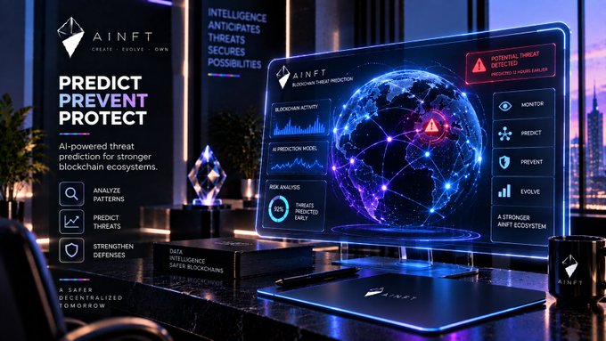 An advertisement for 'AINFT' promoting AI-powered blockchain threat prediction with features like Monitor, Predict, Prevent, and Evolve.