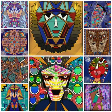 A vibrant collage of nine colorful, tribal-inspired illustrations featuring stylized masks, faces, and animal motifs in bold geometric patterns and bright colors.