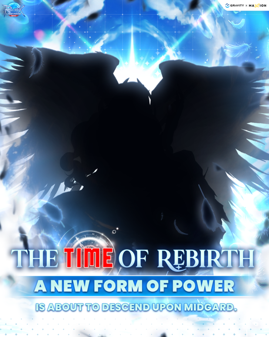 A silhouetted winged figure emerges from a burst of blue light and feathers, with the text "THE TIME OF REBIRTH — A NEW FORM OF POWER IS ABOUT TO DESCEND UPON MIDGARD." Gravity x Ragnarok branding appears in the corners, teasing a powerful new transformation coming to the game.