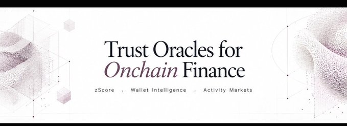 A banner advertisement reading 'Trust Oracles for Onchain Finance' with the subtext 'zScore · Wallet Intelligence · Activity Markets' on a light background with geometric designs.