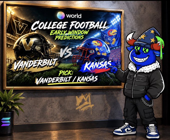 A promotional graphic for college football predictions featuring Vanderbilt vs Kansas, with a cartoon blue character wearing a wizard hat, sunglasses, and a black puffer jacket pointing at the screen. The pick reads 'VANDERBILT / KANSAS' under the 'world' logo.