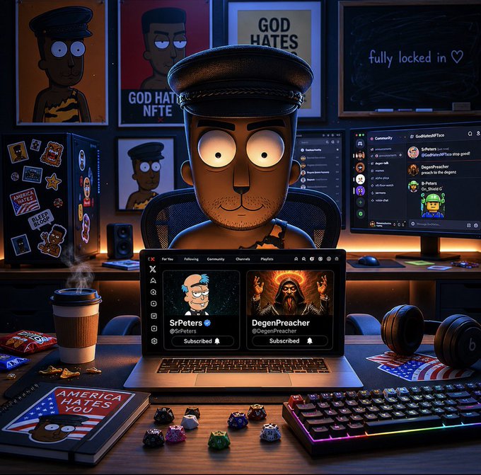 urns of gold and silver, a black keyboard, a laptop displaying "St. Peter's" and "DegenPiper", and a cartoon character with a hat are arranged on a desk against a black background.