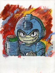 A pixelated, glitch-style digital art piece featuring a blue robotic character resembling Mega Man with an angry expression, set against a chaotic red, orange, and blue background.