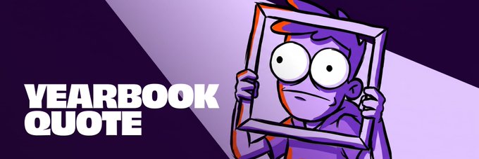 An illustration of a wide-eyed character holding a picture frame with the text "YEARBOOK QUOTE" next to it.