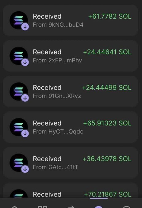 A screenshot of cryptocurrency transaction history showing multiple "Received" entries of SOL tokens with amounts like +61.7782 SOL, +24.44641 SOL, and +65.91323 SOL from various senders.
