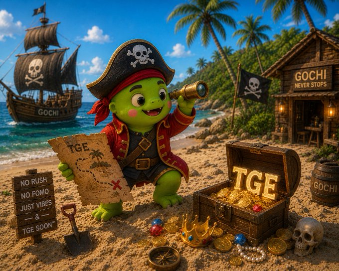 A colorful 3D illustration of a green goblin pirate character on a beach holding a treasure map labeled 'TGE', with a treasure chest also marked 'TGE', a pirate ship, and signs reading 'GOCHI NEVER STOPS' and 'NO RUSH NO FOMO JUST VIBES & TGE SOON'.