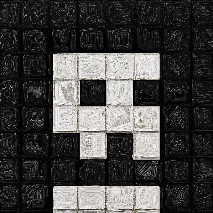 A close-up view of a textured tile wall pattern featuring a large white number '9' formed by white tiles among predominantly black tiles.