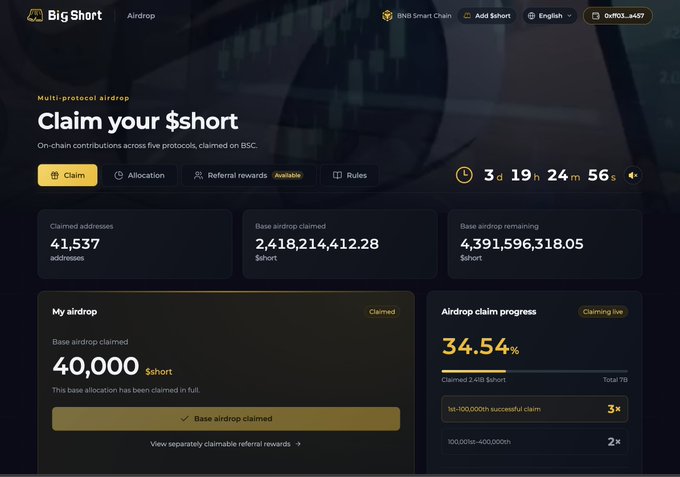 A screenshot of the 'Big Short' airdrop page on BNB Smart Chain showing a claimed balance of 40,000 $short.