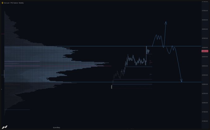 The image shows a Bitcoin (BTC/USD) weekly candlestick chart with a TPO (Time Price Opportunity) volume profile overlay, highlighting key value area levels around 63,000-65,000 and a projected price path showing potential upside toward 73,000 followed by a sharp retracement back to the lower support zone, illustrating the post's thesis of "full rotation through the composite TPO" with either acceptance above VAH or a return to the established range.