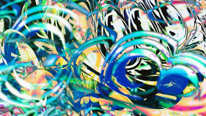 A vibrant, abstract digital artwork featuring swirling ribbons of blue, green, pink, and yellow with a glossy, chrome-like finish, reflecting the artist's digital-native style now showcased on platforms like SuperRare and Verse. The chaotic, fluid forms evoke the dynamic energy of crypto art, complementing the announcement of new NFT collections being added to curated marketplaces.