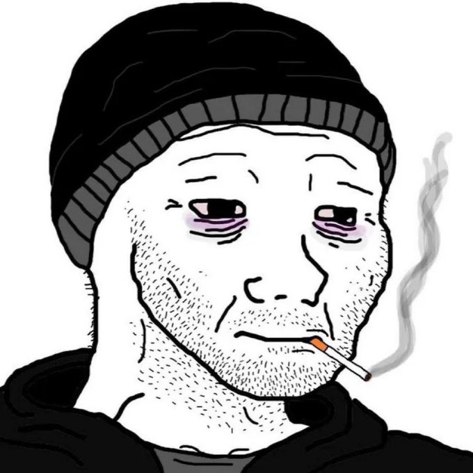 A weary-looking "Doomer" Wojak meme character with purple bruised eyes, stubble, and a beanie smokes a cigarette with a tired, defeated expression, humorously depicting the exhaustion of constantly watching Bitcoin's volatile price.
