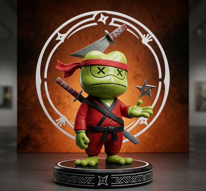 A 3D rendering of a green cartoon frog dressed as a ninja warrior in red robes, holding a throwing star and a katana sword, displayed on a circular pedestal.
