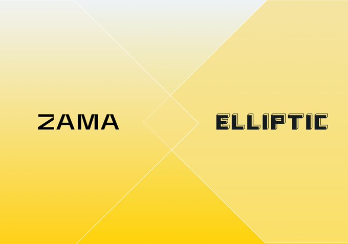 A yellow gradient background with a white diamond shape and the words 'ZAMA' and 'ELLIPTIC' on either side.