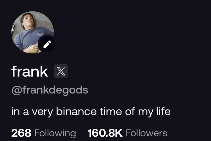 A Twitter (X) profile screenshot of "frank" (@frankdegods) with 160.8K followers, whose bio humorously reads "in a very binance time of my life"—a wordplay on "financially difficult" that ties into the post thanking @cz_binance (Changpeng Zhao) for an upcoming action affecting the crypto community.