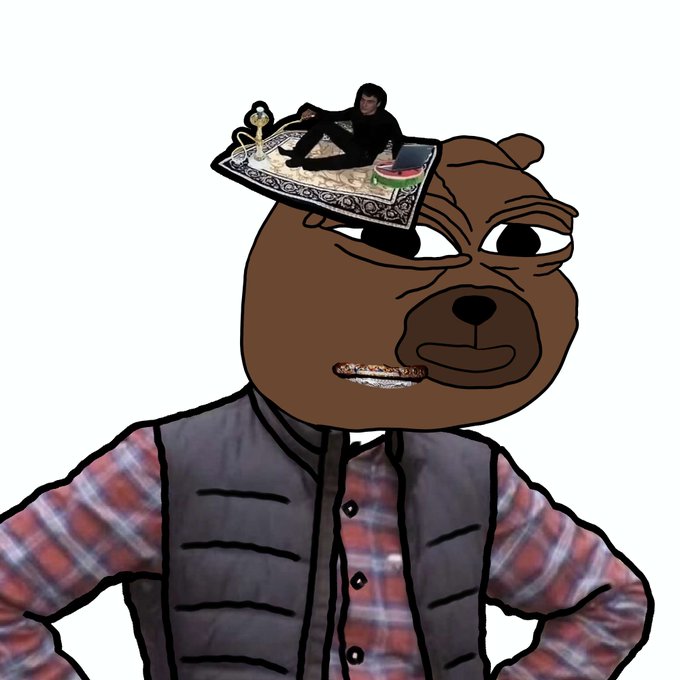 A crude digital drawing of a figure with a brown bear head wearing a plaid shirt and vest, with a small image of a person on a rug superimposed on its head.