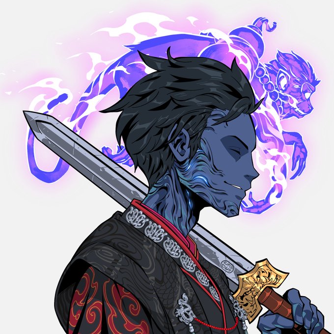 An anime-style illustration of a dark-haired character in traditional red and black robes with a large sword, accompanied by a blue spectral tiger spirit glowing behind them.