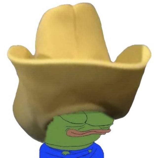 A cartoon image of a green Pepe the Frog character wearing an oversized tan cowboy hat, with a stern facial expression, against a white background.
