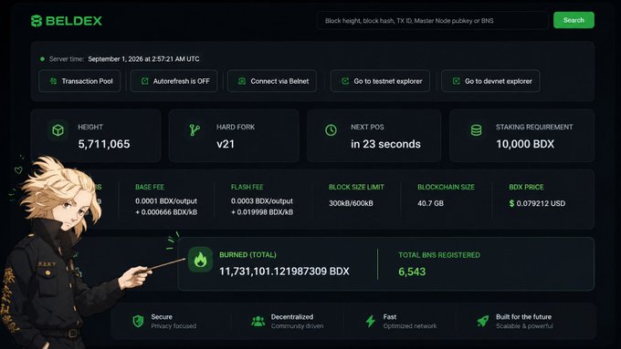 The Beldex (BDX) network dashboard displays a total burn of 11,731,101.121987309 BDX, with 6,543 BNS registered and a current price of $0.079212 USD. An anime-style character labeled "KEAT" stands beside the burn counter, visually highlighting the burn statistics mentioned in the post about BNS registration fees being permanently destroyed.