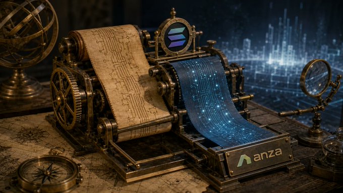 A steampunk-style mechanical device processing a scroll with circuit board patterns, displaying the Solana logo and an 'anza' label.