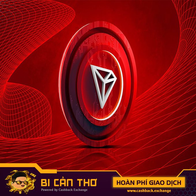 A promotional image for Cashback Exchange featuring a TRON (TRX) coin on a red background with text 'BÍ CẨN THƠ' and 'HOÀN PHÍ GIAO DỊCH'.