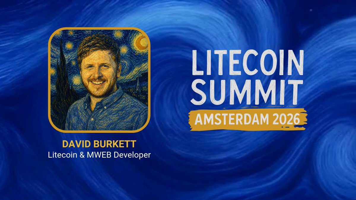 The image features a man with brown hair wearing a blue shirt smiling for the camera. The background of the image is a painting that has a blue color scheme, resembling the night sky or waves. The text "Litecoin Summit Amsterdam 2016" is written in white at the bottom of the image. The post also mentions an event called "Dutch Blockchain Week", which takes place from June 22 to 23 in Amsterdam and focuses on the theme of "Litecoin & MWEB Developer".