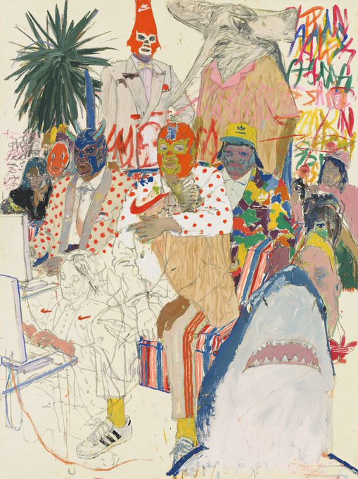 A vibrant, colorful mixed-media painting featuring various figures including people in wrestling masks, a person with a red mask, and a large shark design, with graffiti-style text in the background.