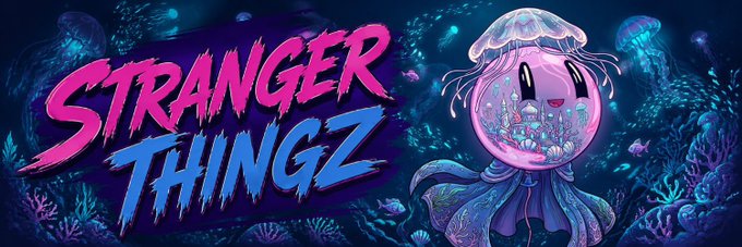 The image features the stylized text "STRANGER THINGZ" in pink and blue lettering alongside a cute pink jellyfish character floating in an underwater coral reef scene. This whimsical banner likely represents a collaboration announcement between the "Stranger Thingz" NFT collection and the TADAVERSE community, as indicated by the accompanying post about a secured collab with a 475 ETH guaranteed/public sale structure.