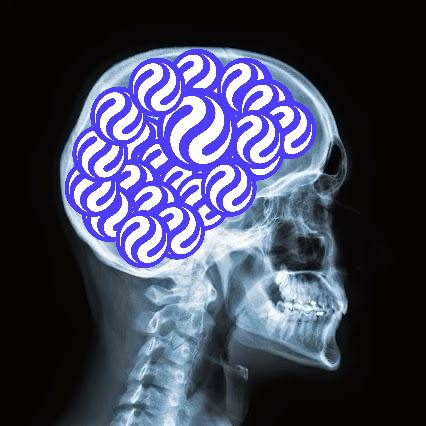 An X-ray of a human skull in profile with the brain area filled in by a repeating blue Meta/Facebook logo pattern.