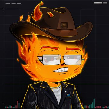 An illustrated cartoon avatar of a flaming character with a head made of fire, wearing a brown cowboy hat, rectangular glasses, a smirk expression, and a dark pinstripe suit with a triangular pin.